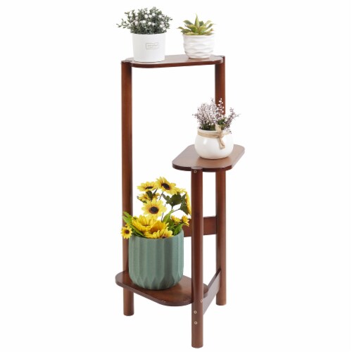 Kitcheniva Bamboo Corner Plant Stand Display Rack 3 Tier Nut Brown Perspective: back