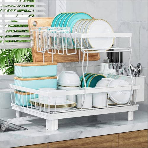 2-Tier Dish Drying Rack for Kitchen Counter with Swivel Spout