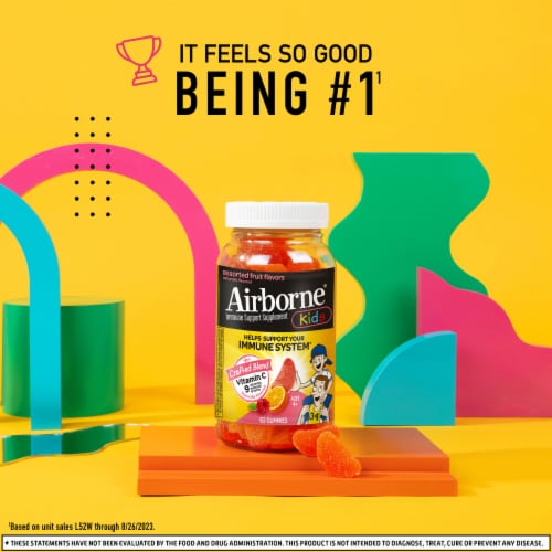 Airborne Kids Immune Support Assorted Fruit Flavor Gummies Perspective: back