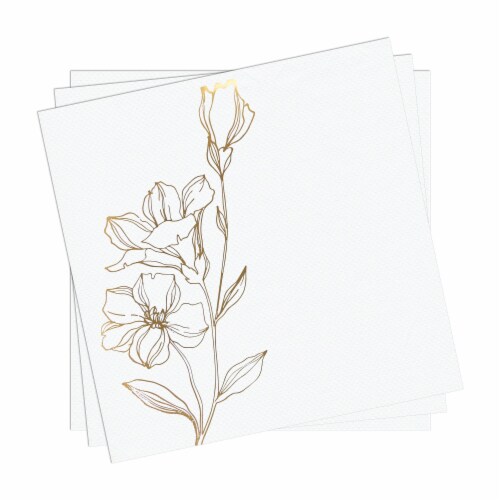 600 Napkins - White with Gold Antique Floral Paper Beverage/Cocktail Napkins Perspective: back