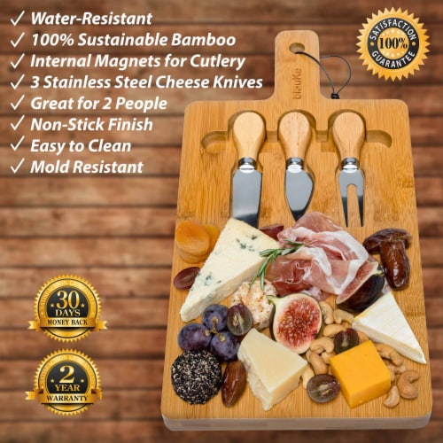Bamboo Cheese Board and Knife Set - 12x8 inch Charcuterie Board with Magnetic Cutlery Storage Perspective: back