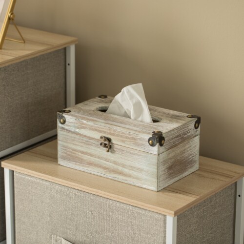 Grey Wood Facial Tissue Box Holder for Your Bathroom, Office, or Vanity with Decorative Metal Perspective: back