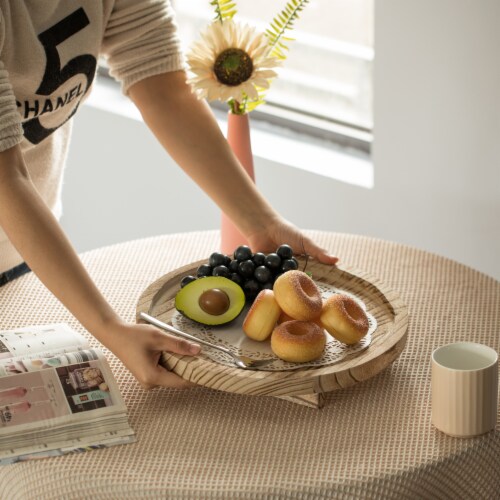 Vintiquewise QI004378 Natural Wooden Round Dish Ornament Slice Tray Table Charger with Height Perspective: back