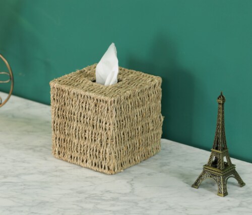 Natural Woven Seagrass Wicker Tissue Box Cover Holder square Perspective: back