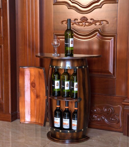 Vintiquewise Rustic Lockable Barrel Shaped Wine Bar Cabinet Wooden End Table 1 Foods Co