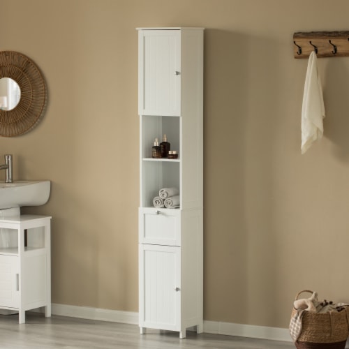 White Tall Standing Bathroom Linen Tower Storage Cabinet for