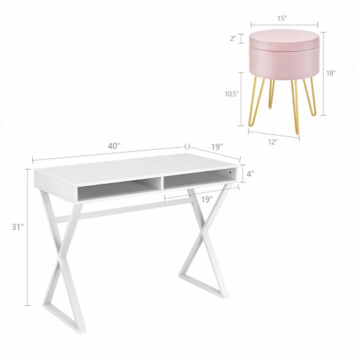 Vanity Table Set Writing Desk Makeup Table w/Round Storage Ottoman Pink Perspective: back