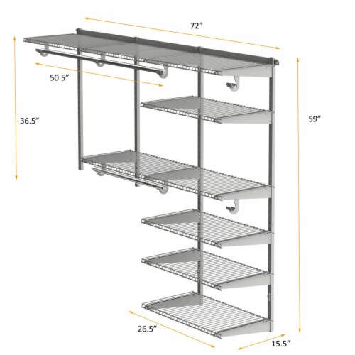 Custom Closet Organizer Kit 4 to 6 FT Wall-mounted Closet System w/Hang Rod Grey Perspective: back