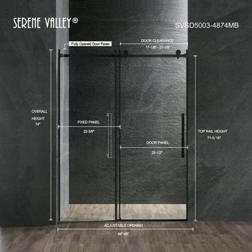 Serene Valley 48 x 74 Inch Square Rail Frameless Sliding Shower Door, Black Perspective: back