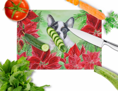 French Bulldog Black White Poinsettas Glass Cutting Board Large Perspective: back