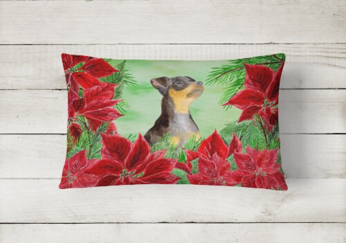 Miniature Pinscher #2 Poinsettas Canvas Fabric Decorative Pillow Perspective: back