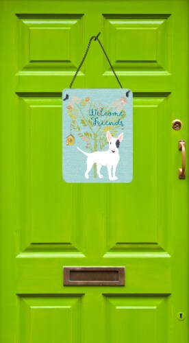 Welcome Friends White Patched Bull Terrier Wall or Door Hanging Prints Perspective: back