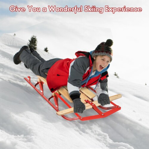 Costway 54''Kids Wooden Snow Sled Runners Steering Bar Steering Snow Slider Perspective: back