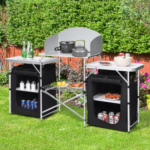 Goplus Folding Portable Aluminum Camping Grill Table w/ Storage Organizer Windscreen Perspective: back