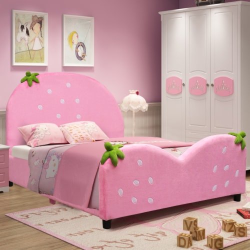 Costway Kids Children Upholstered Platform Toddler Bed Bedroom Furniture Berry Pattern Perspective: back