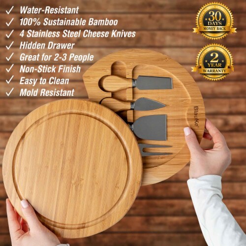 Bamboo Cheese Board and Knife Set - 10 Inch Swiveling Charcuterie Board with Slide-Out Drawer Perspective: back