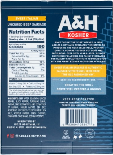 Abeles & Heymann Kosher Sweet Italian Uncured Beef Sausage Perspective: back