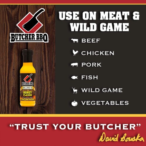 Butcher BBQ Honey Flavor Grilling Oil 12 Oz Bottle Competition Rated MSG Free Perspective: back
