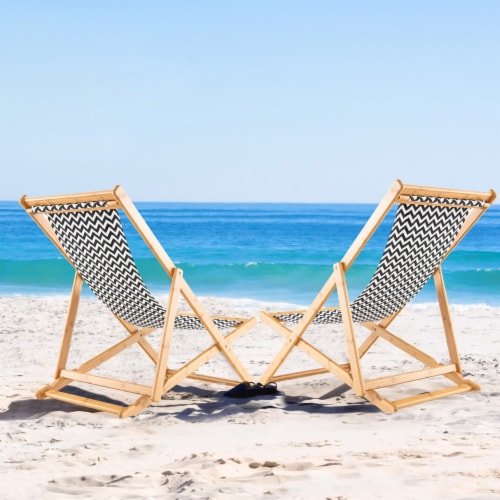 2pcs Foldable Patio Sling Chair w Solid Bamboo Frame Breathable Canvas Seat Beach Garden 1 unit Fry s Food Stores