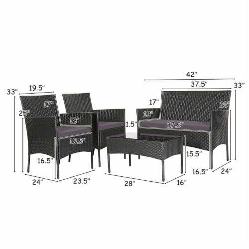 4PCS Outdoor Furniture Set Patio Rattan Conversation Set w/ Grey & Off White Cushion Perspective: back