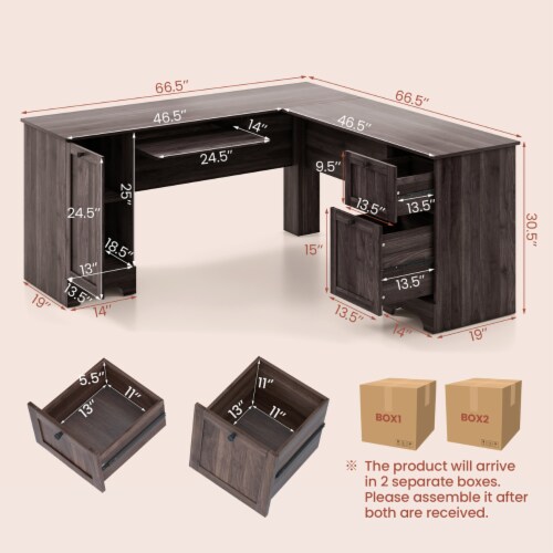 66.5'' L Shaped Home Office Desk Corner Computer Desk Keyboard Tray Dark Brown Perspective: back