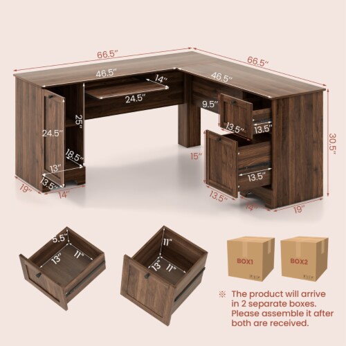 66.5'' L Shaped Home Office Desk Corner Computer Desk Drawer Keyboard Tray Walnut Perspective: back