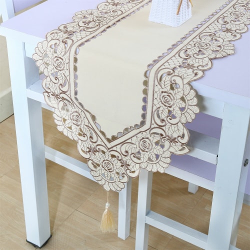 uxcell Table Runner Mat Tassel Flower Embroidery Tablecloth Perspective: back