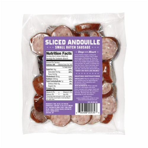 Holmes Smokehouse Peacan Smoked Gluten Free Andouille Sliced Sausage Perspective: back