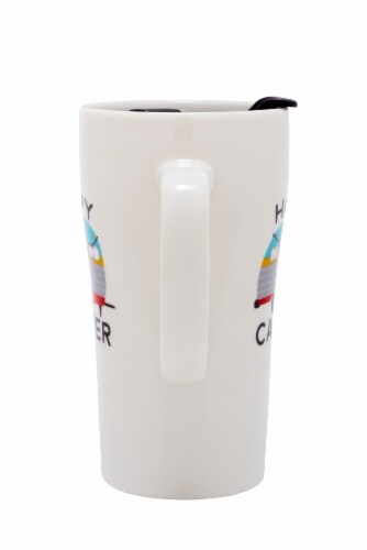 Pacific Market International Happy Camper Latte Mug with Lid - White Perspective: back