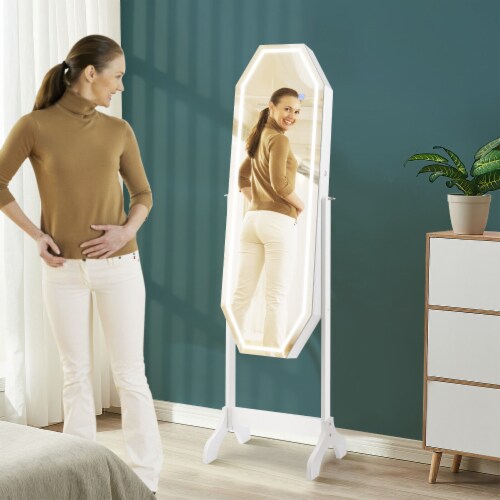 LED Mirror Jewelry Cabinet Standing Jewelry Armoire Organizer Box With Full-Length Mirror And Adjustable LED Lights Ink Black