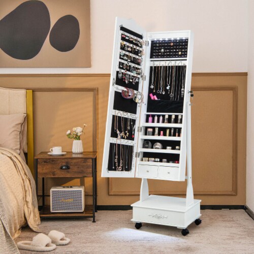 Slickblue Rolling Floor Standing Mirrored Jewelry Armoire with Lock and Drawers 1 Unit Gerbes Super Markets