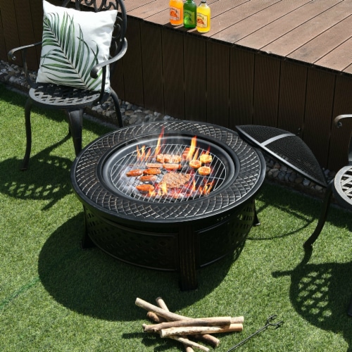 Slickblue Outdoor Fire Pit with BBQ Grill and High-temp Resistance Finish Perspective: back