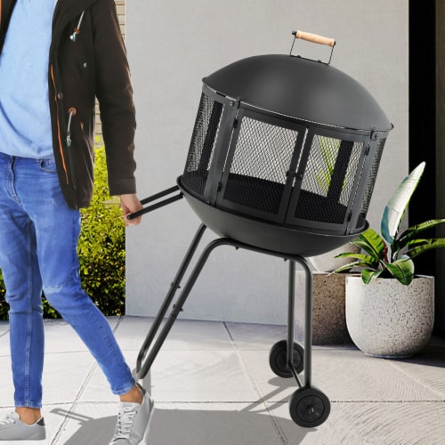 Slickblue 28 Inch Portable Fire Pit on Wheels with Log Grate-Black Perspective: back
