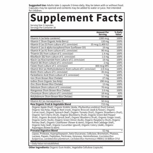 Garden of Life Vitamin Code Raw Prenatal Multivitamin, Nutritional Support for Mom & Baby, Capsules Perspective: back