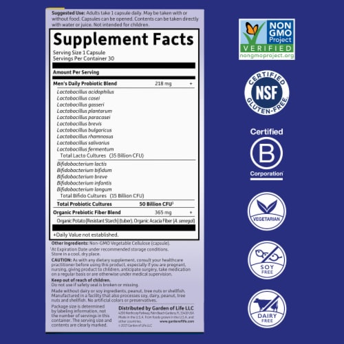 Garden of Life Once Daily Men's Probiotics, Digestive, Immune System, Capsules, 50 Billion CFU Perspective: back