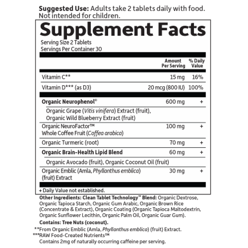 Garden of Life® Brain Health Memory & Focus Whole Food Supplement Tablets 600mg Perspective: back