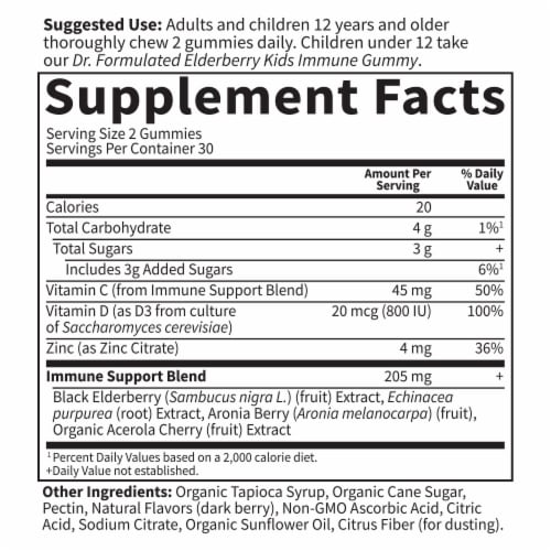 Garden of Life Dr. Formulated Elderberry Immune, Echinacea, Zinc & Vitamin C & D, Berry Gummies Perspective: back