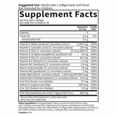 Garden of Life Dr. Formulated Prenatal Multi + DHA with Folate, Iron One a Day Softgels, 400 mg DHA Perspective: back