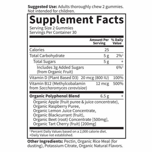 Garden of Life Beets Gummies, Heart Health, Energy, Vitamin B12, D3, Raspberry Gummy Perspective: back