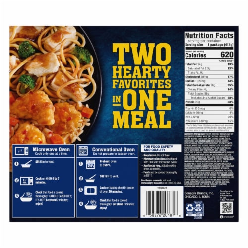 Hungry-Man Combos Orange Chicken Teriyaki Chicken Perspective: back