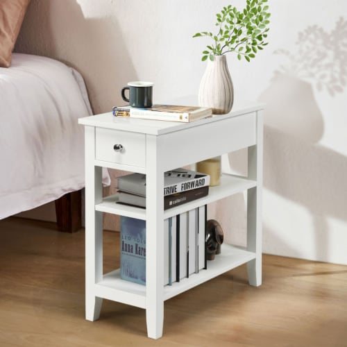 Set of 2 3Tier Nightstand Bedside Side End Table w/Double Shelves Drawer White Perspective: back