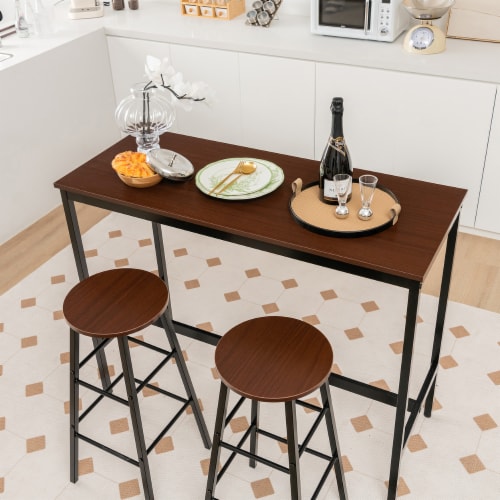 3-Piece Bar Table Set Pub Kitchen Dining Table w/ 2 Round Stools Black & Brown Perspective: back