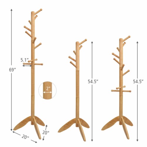 Gymax Wooden Coat Rack Hanger Hall Tree Entryway w/ 10 Hooks 2 Heights Oak Perspective: back