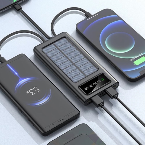 Solar Power Bank 20000Mah Built In 4 Cables Portable Charger W Dual LED Flash Perspective: back