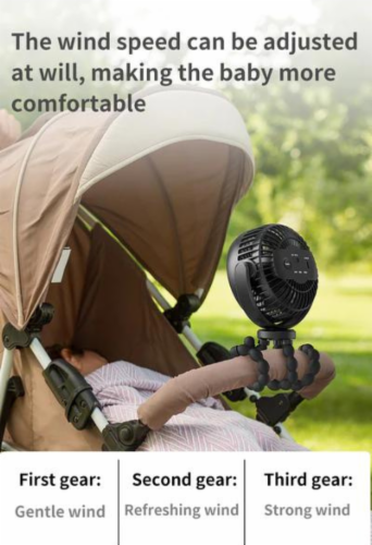 Mini Stroller Fan Clip-on for Baby, Rechargeable, Handheld and USB Cooling Fan Perspective: back