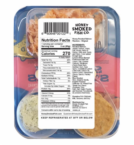 Honey Smoked Fish Original Honey Smoked Salmon Stackers with Lemon-Chive Spread, 3 oz Perspective: back
