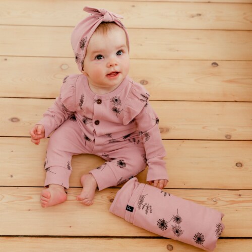 Organic Cotton Hat And Bib Set Printed Flowers Dusty Purple Perspective: back