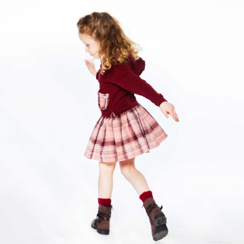 Hooded Long Sleeve Dress Burgundy And Pink Plaid Perspective: back