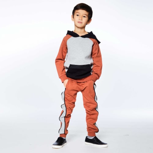 Quilted Hooded Fleece Top With Zipper Pocket Light Heather Grey, Black And Brown Perspective: back