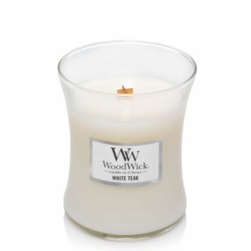 Woodwick® White Teak 9.7 Oz. Medium Hourglass Candle Perspective: back